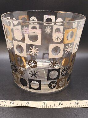 Vintage Hazel Atlas Glass Ice Bucket MCM Gold Black Geometric Pattern